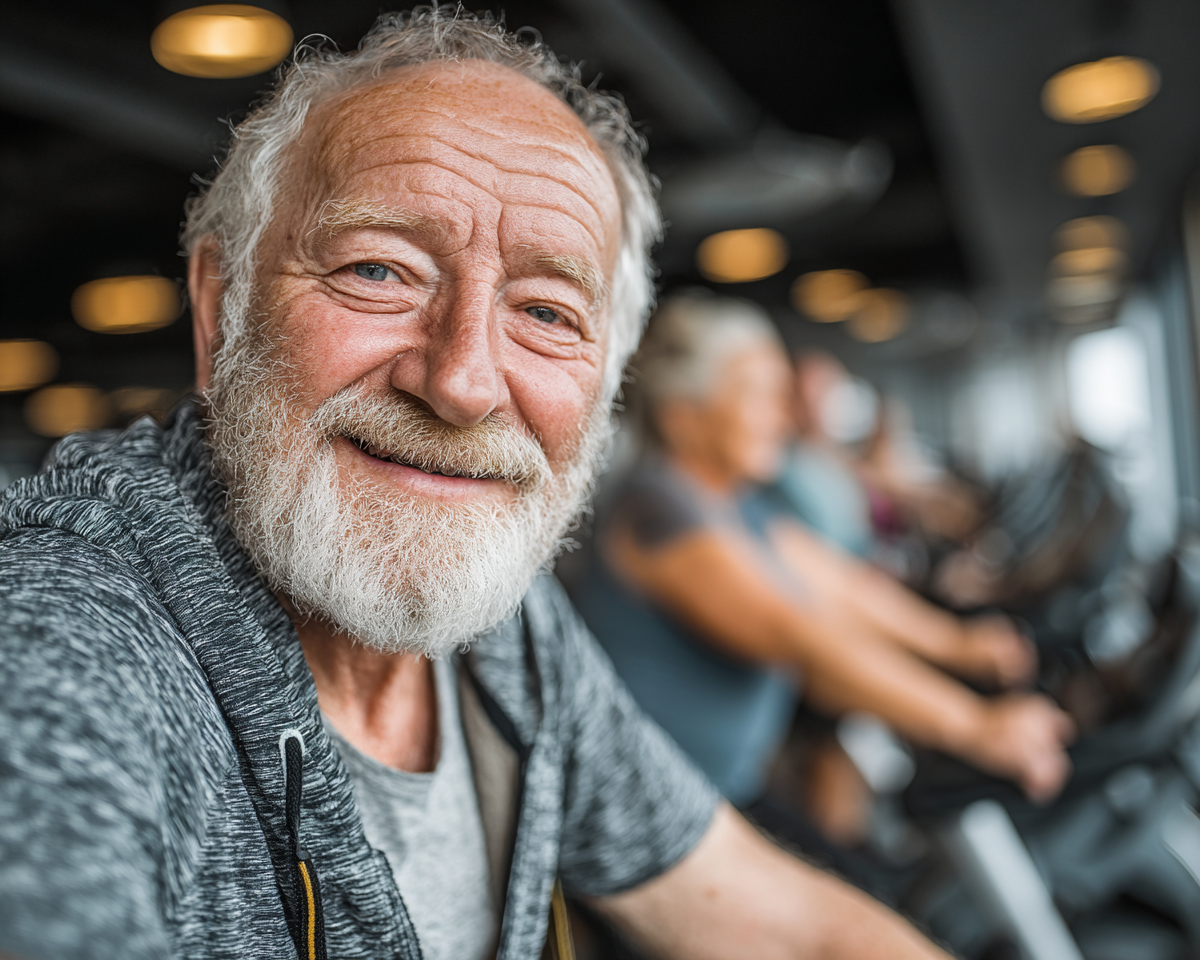 Boldogan mosolygó idős emberek közösségi edzés után